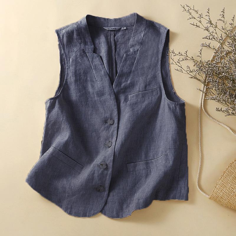 Women's Summer Cotton Linen Vest Casual Loose V-neck Sleeveless Jacket Coat Korean Style Fashion Elegant Casual Vest Top