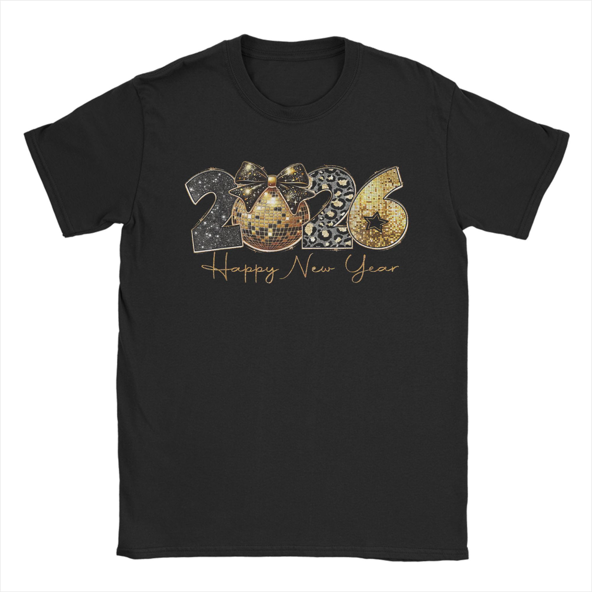 New Year Disco Ball Bow Glitter Leopard Print 2026 T-shirt M