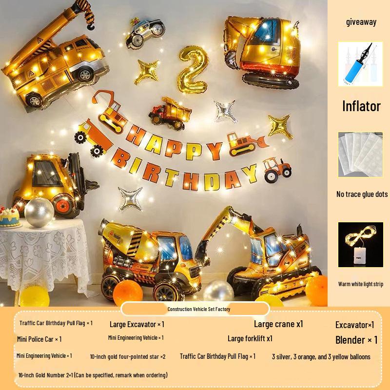 1st Birthday Construction Vehicle Balloon Set: 3D Party Decoration