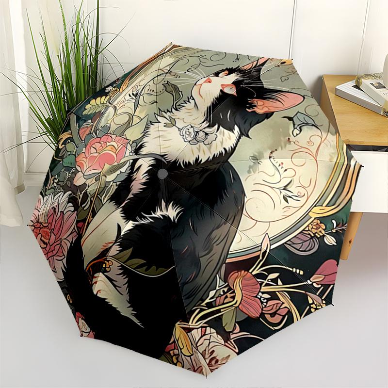 

1pc Black and White Cat Automatic Opening and Closing Practical Umbrella - Lightweight 3-Fold Design, Suitable for Fans, Travel, Daily Use - Official