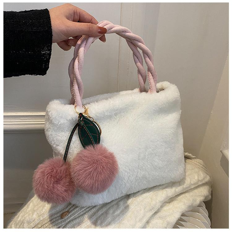 Милая стеганая сумка-ведро для женщин, модная, из полиэстера, мягкая сумка с плюшевым брелоком белый