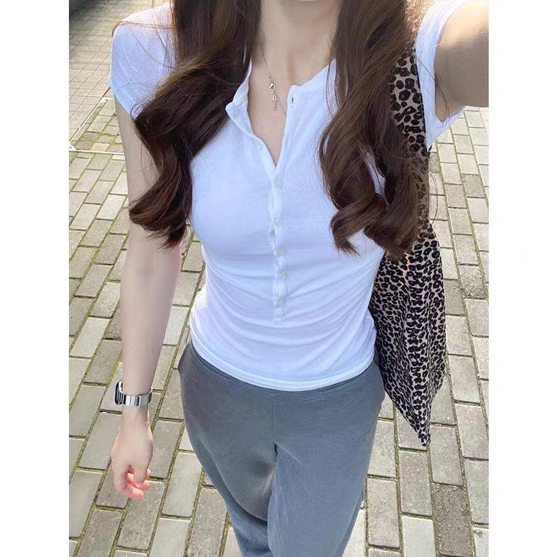 2025 Korean Style Women's Slim-Fit White Half-Button Cotton T-Shirt: Summer Casual Short Sleeve Top