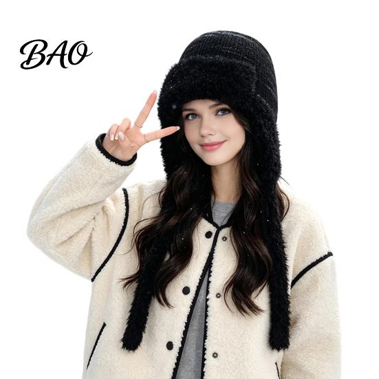 Travel Essential Headgear Women Trapper Hat, Wool Blend Knitted Hat with Ear Flaps, Fuzzy Cold Weather Headwear Trim, Warm Winter Knit for Hiking