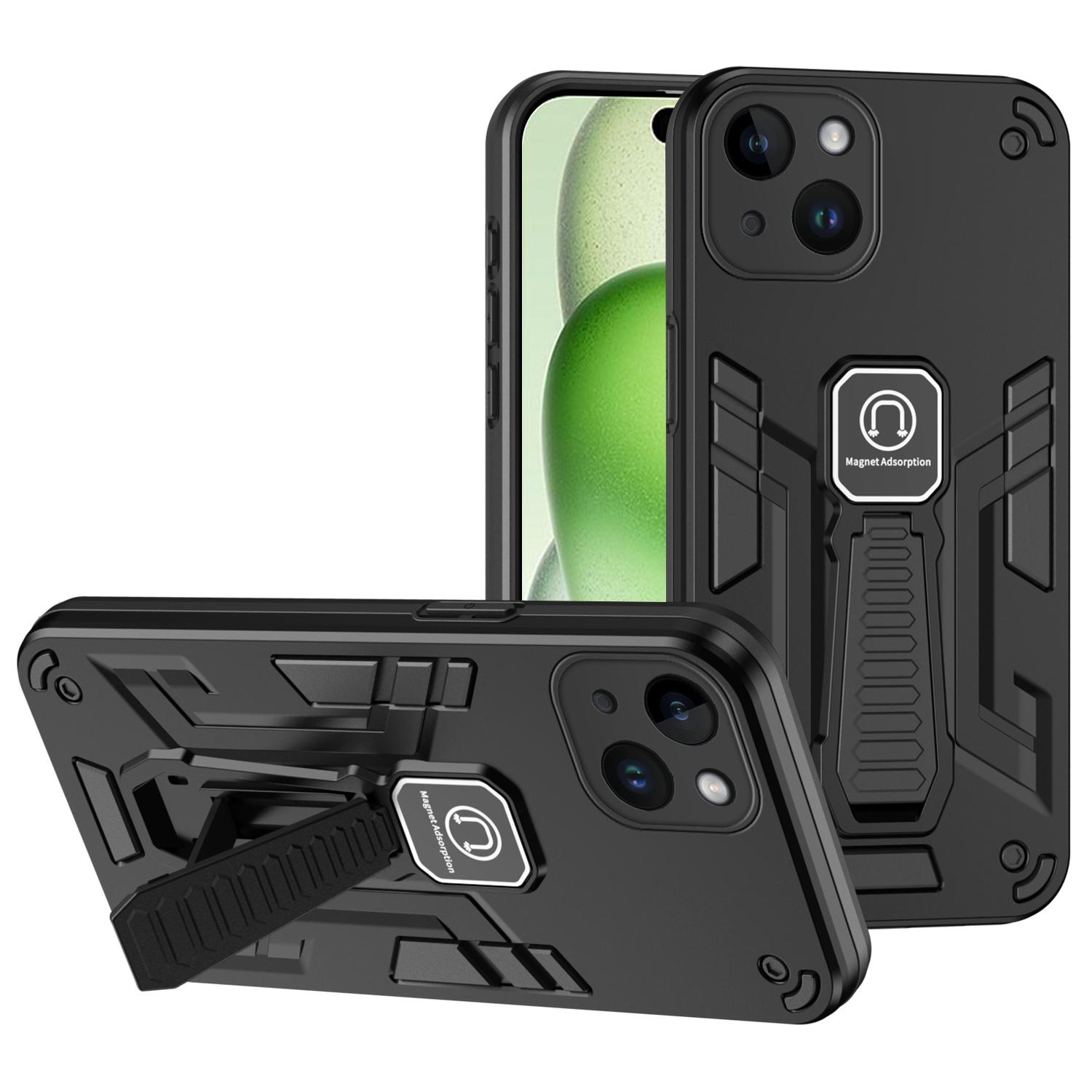 

Phone Case for iPhone 15 Kickstand Drop-proof PC+TPU Hybrid Cover Black