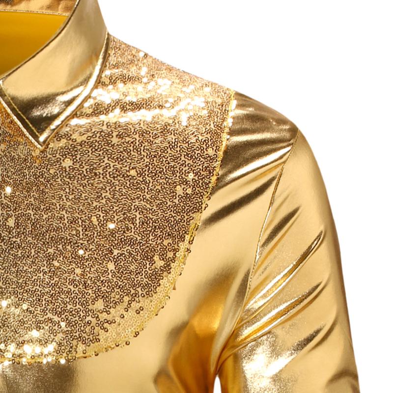 Mens Sequin Long Sleeve Shirt Party Nightclub Dance T-Shirt Shiny Button Tops