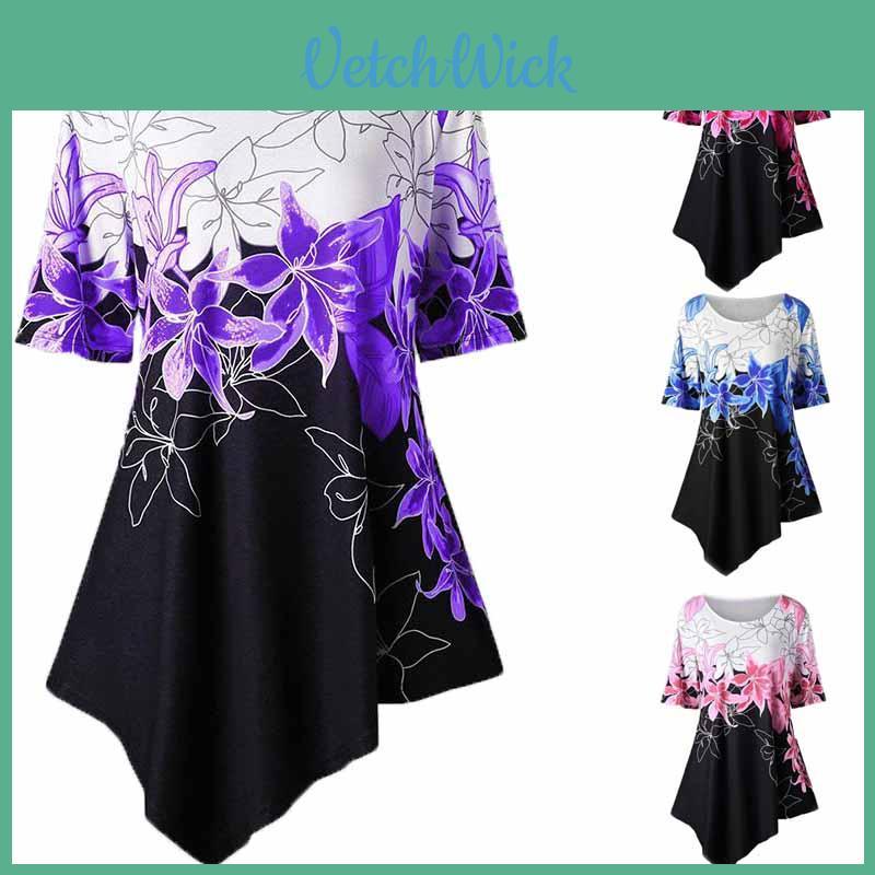 Fashionable Women Ladies Asymmetric Hem Floral Print T-shirt Tunic Tops For All Sizes
