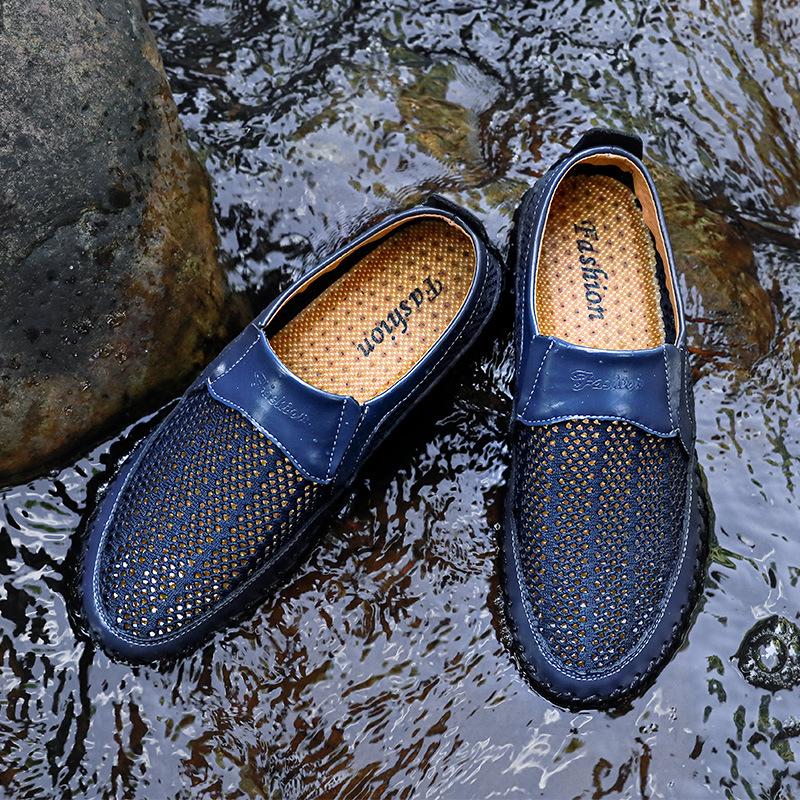 Men's Breathable Mesh Summer Sandals - Size 50, Soft Sole Slip-on Leather Shoes for Dad