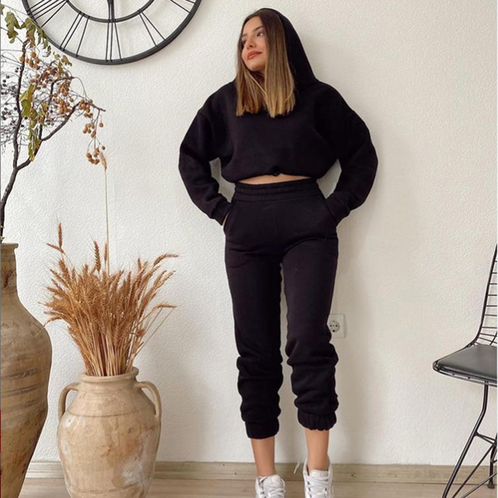 

Женская повседневная однотонная толстовка с длинными рукавами и брюками, свитер, спортивный костюм S чёрный
