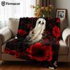 Dark Red Floral Ghost Gothic Soft Flannel Blanket Breathable Warm Throw for Office Car Sofa Kids Room Birthday Xmas Gift