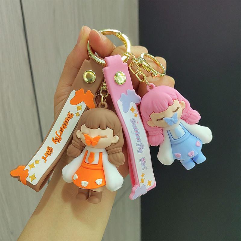 Adorable Cartoon Silicone Keychain Charming Butterfly Kiss Girl Design