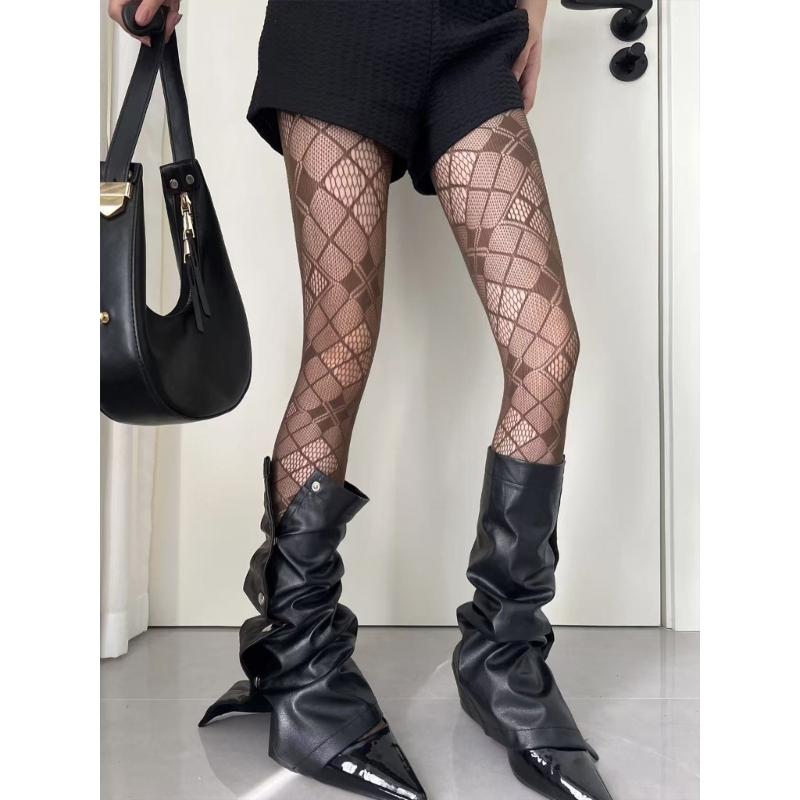 Women Japanese See Through Fishnet Pantyhose Stockings Gothic 90s Checkered Grid Pattern Bottoming Leggings Mesh Tights
