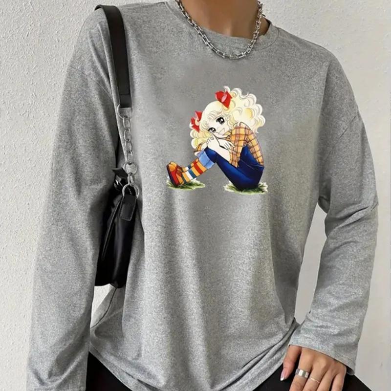 

Топы для женщин, аниме-принт с круглым вырезом и длинным рукавом, футболка, повседневный тонкий женский топ с длинным рукавом 8XL серый