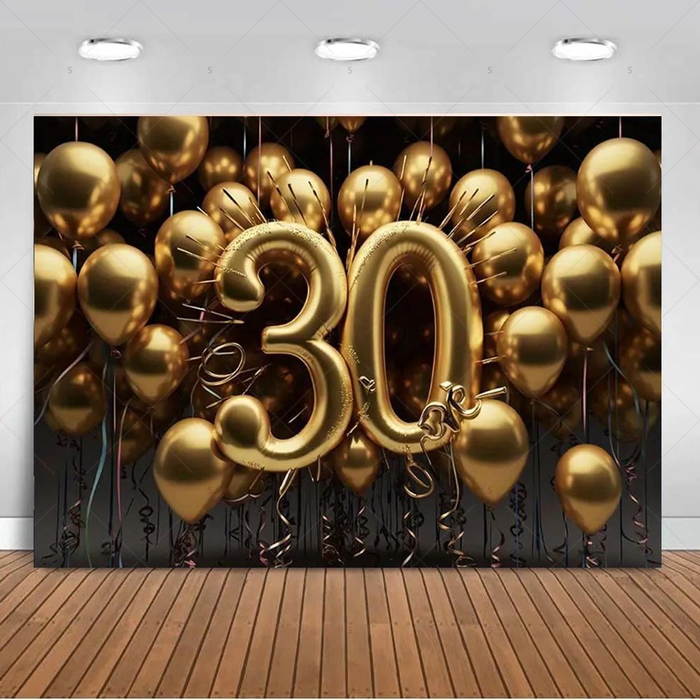 30th Birthday Party Decorations 30 Years Old Backdrop Supplies Black Gold Balloons Glitter Background Banner Photography Props