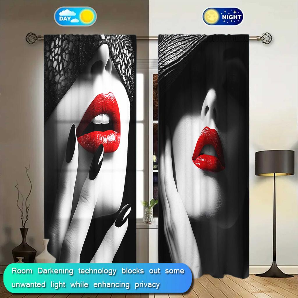 2 st Gardiner med tryck av flammande röda läppar för heminredning - Kanalfållsfönsterbehandling för sovrum, kontor, kök, vardagsrum