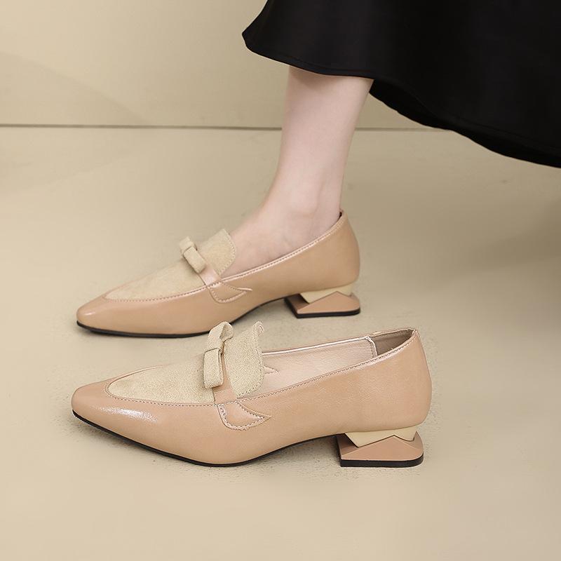 British Style Small Leather Shoes Women's Autumn New French Splicing Thick Heel Pointed Foreign Style Single Shoes Medium Heel Elegant Loafers