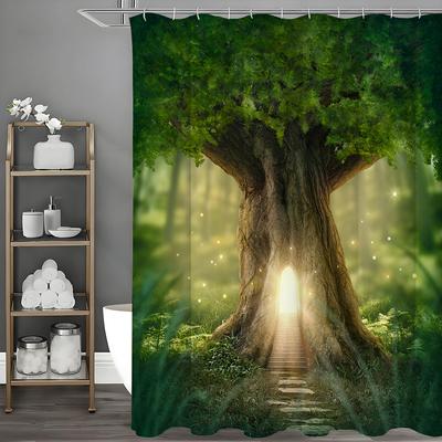 Tree Deep Forest Greenery Healing Green Shower Curtain, Bathroom Decorative Shower Curtain, Waterproof Shower Curtain with Hooks