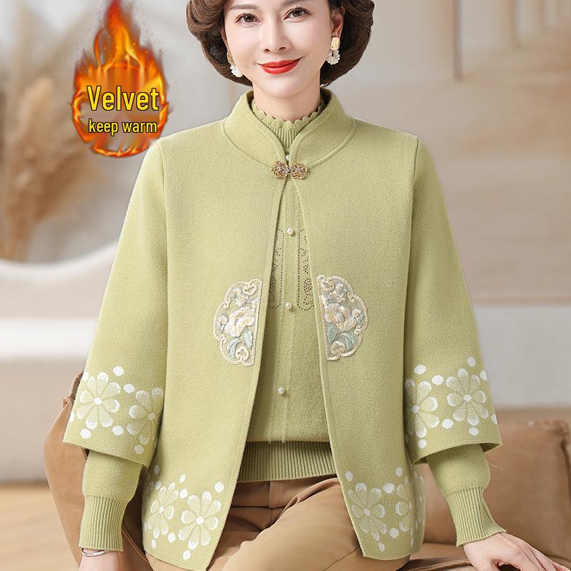 Höst/Vinter 2025 Stickad Kostym i Kinesisk Stil för Medelålders Kvinnor: Trendig Nationaltröja med Knappar