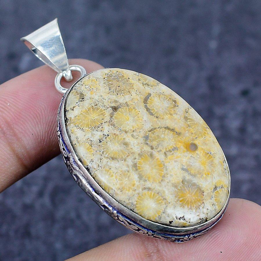 Fossil Coral Gemstone 925 Sterling Silver Jewelry Pendant 2.05"