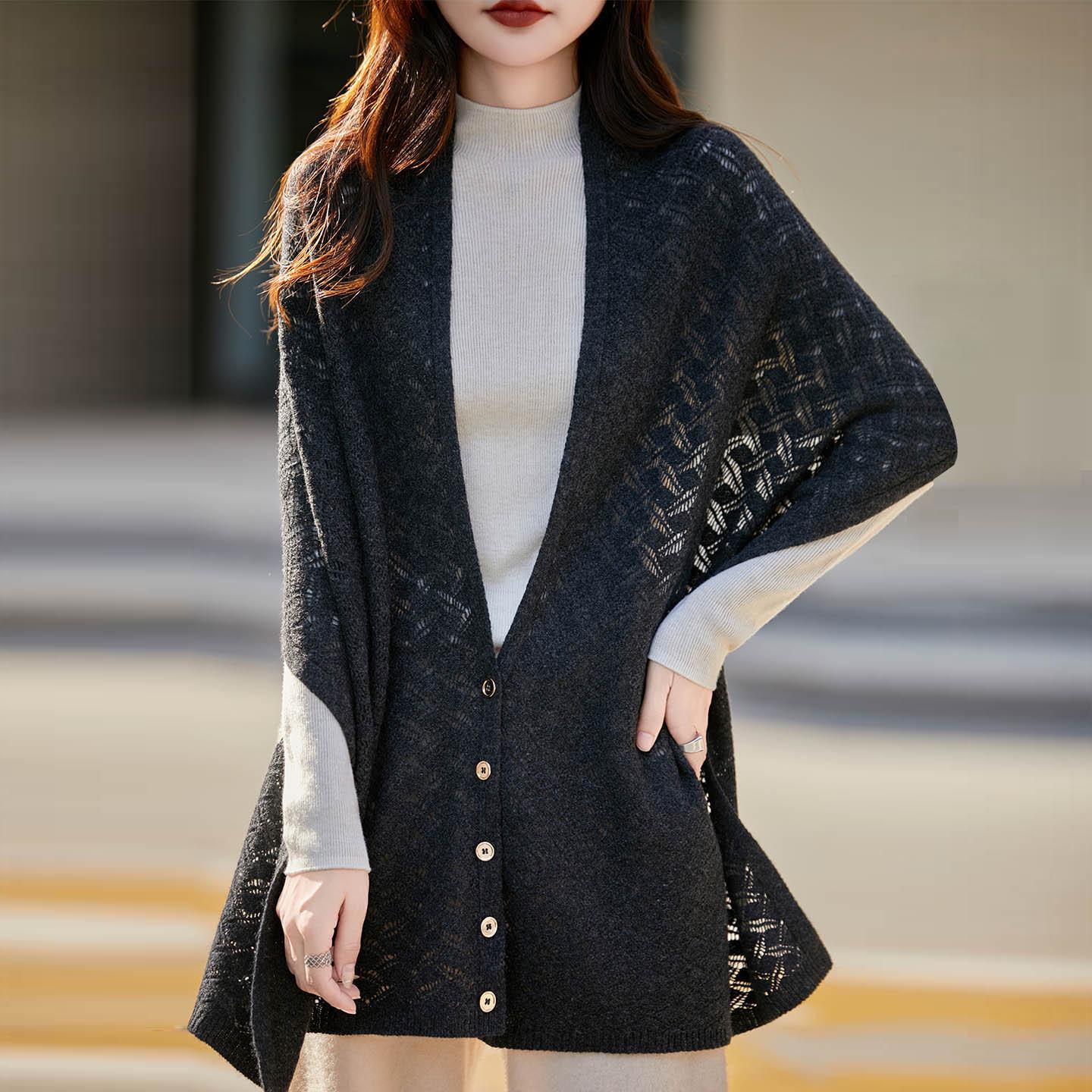 V-neck Hollow Out Elegant Loose Knit Sweater for Women One Size темно-серого