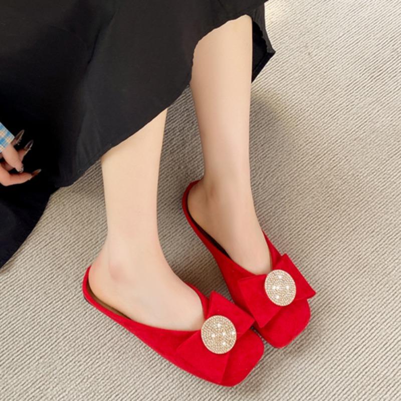 Fashion Square Head Shallow Mouth Cow Suede Slippers Summer New Baotou Crystal Buckle Soft Sole Anti-slip Wear-resistant Flat Shoes