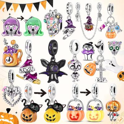 New Halloween Charm Emit Light Bead Copper Pumpkin Witch Skull Charm Fit Bracelet Pendant Women Jewelry Making