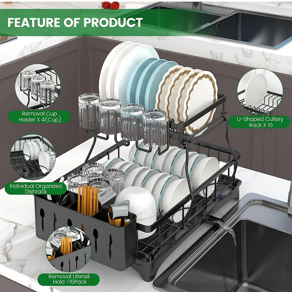 Dwupoziomowa suszarka do naczyń z ociekaczem, pojemnikiem na sztućce, uchwytem na kubki i dodatkową matą suszącą - Czarna European Cosina