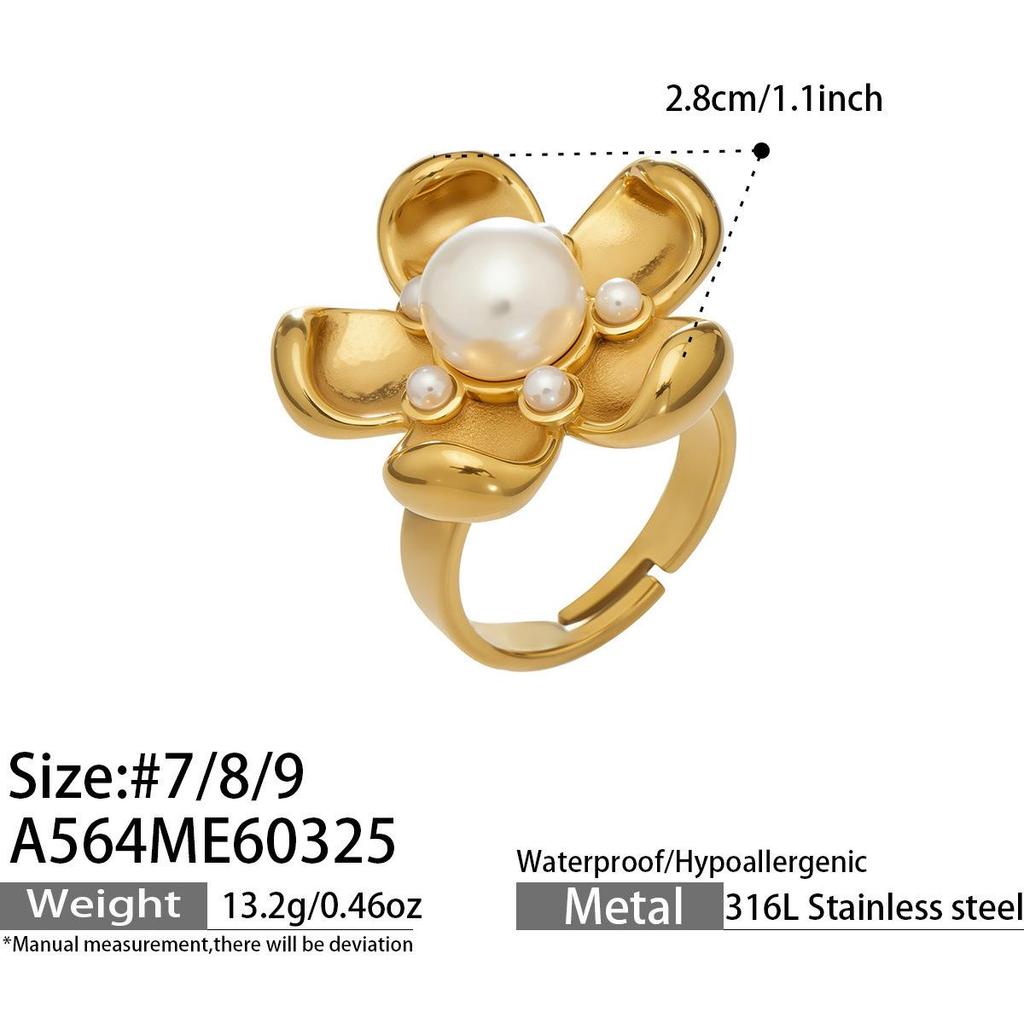 Exquisite Shell Bead Sunflower Stainless Steel Open Ring Set - High-End Hand Jewelry
