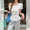 Slant Neck Lace Splicing Short-sleeved T-shirt Women's Summer New Slim-fit Bow Design Top