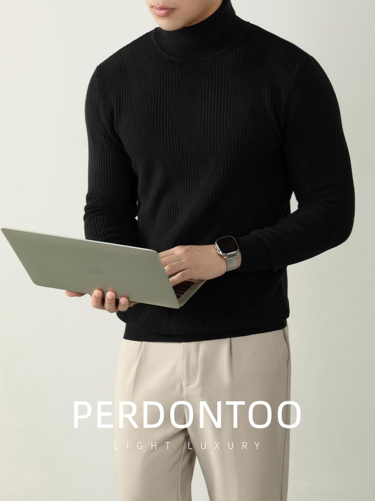 Men's Lazy Style High Neck Sweater - Lyocell Wool Blend Jacquard, Autumn Winter Warm Knitwear