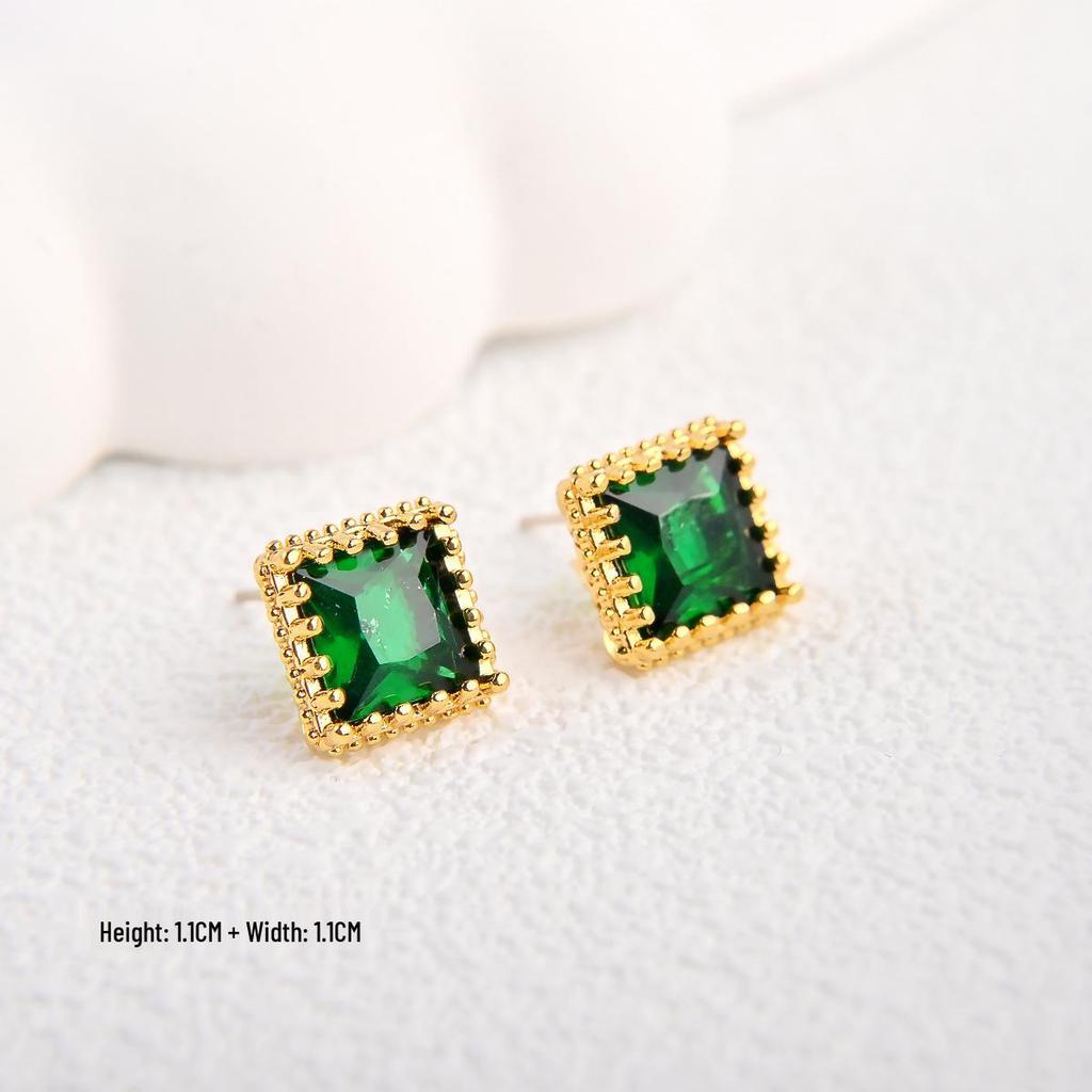 Elegant Green Zirconia Stud Earrings: Retro, Fashionable, Versatile Style with Rhinestone Inlay for Women.