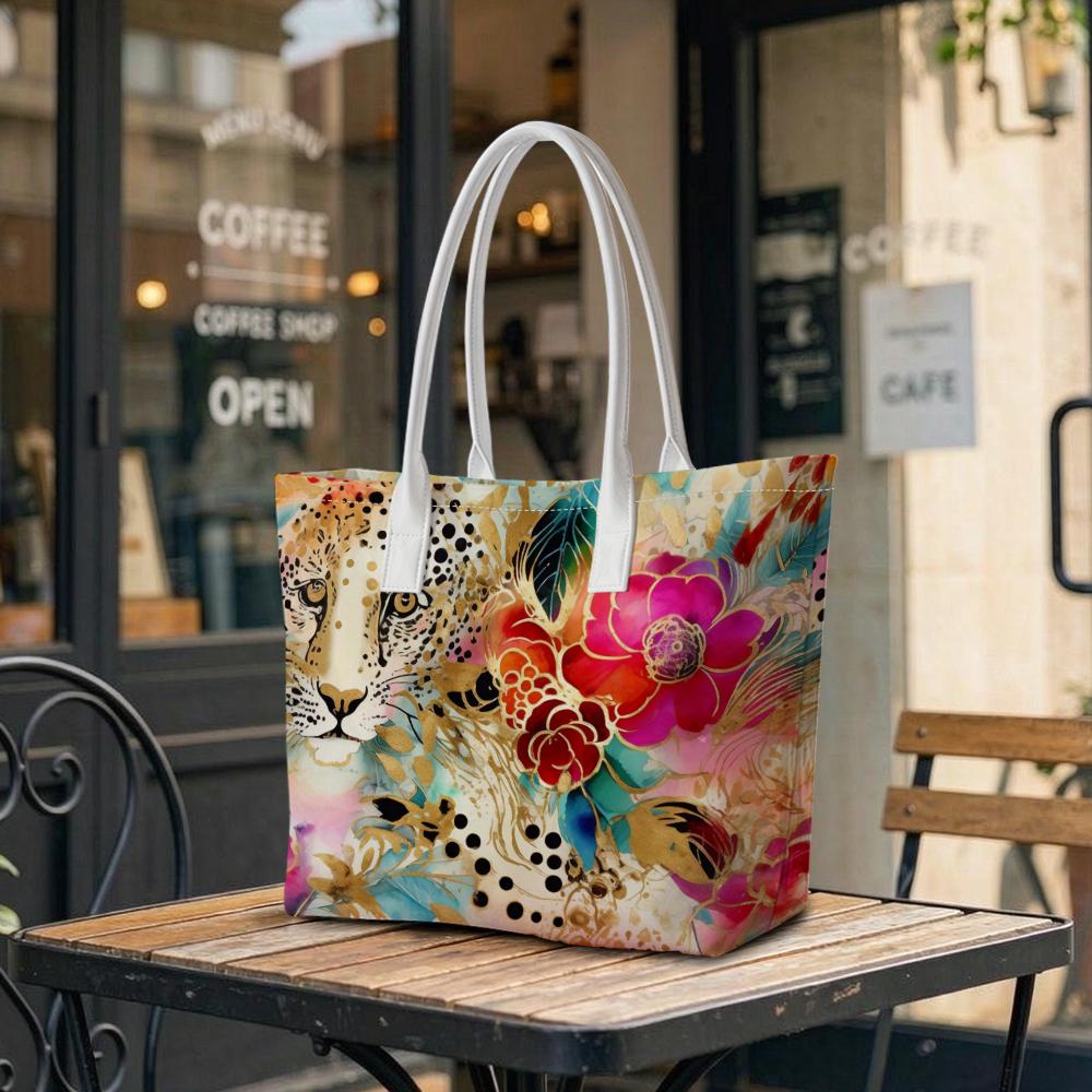 Vibrant Floral Leopard Print Tote Bag Stylish Casual Shoulder Bag for Daily Use