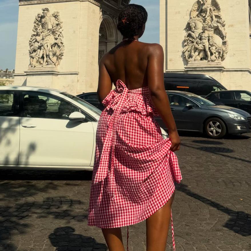 African New Women's Clothing Fashion Temperament Sleeveless Neck Plaid Top European and American Foreign Style Pleated Skirt Two-piece Set