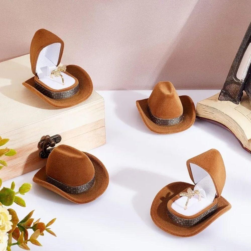 Vintage Western Cowboy Hat Ring Box Flocked Creative Ring Box Jewelry Storage Boxes  Girl
