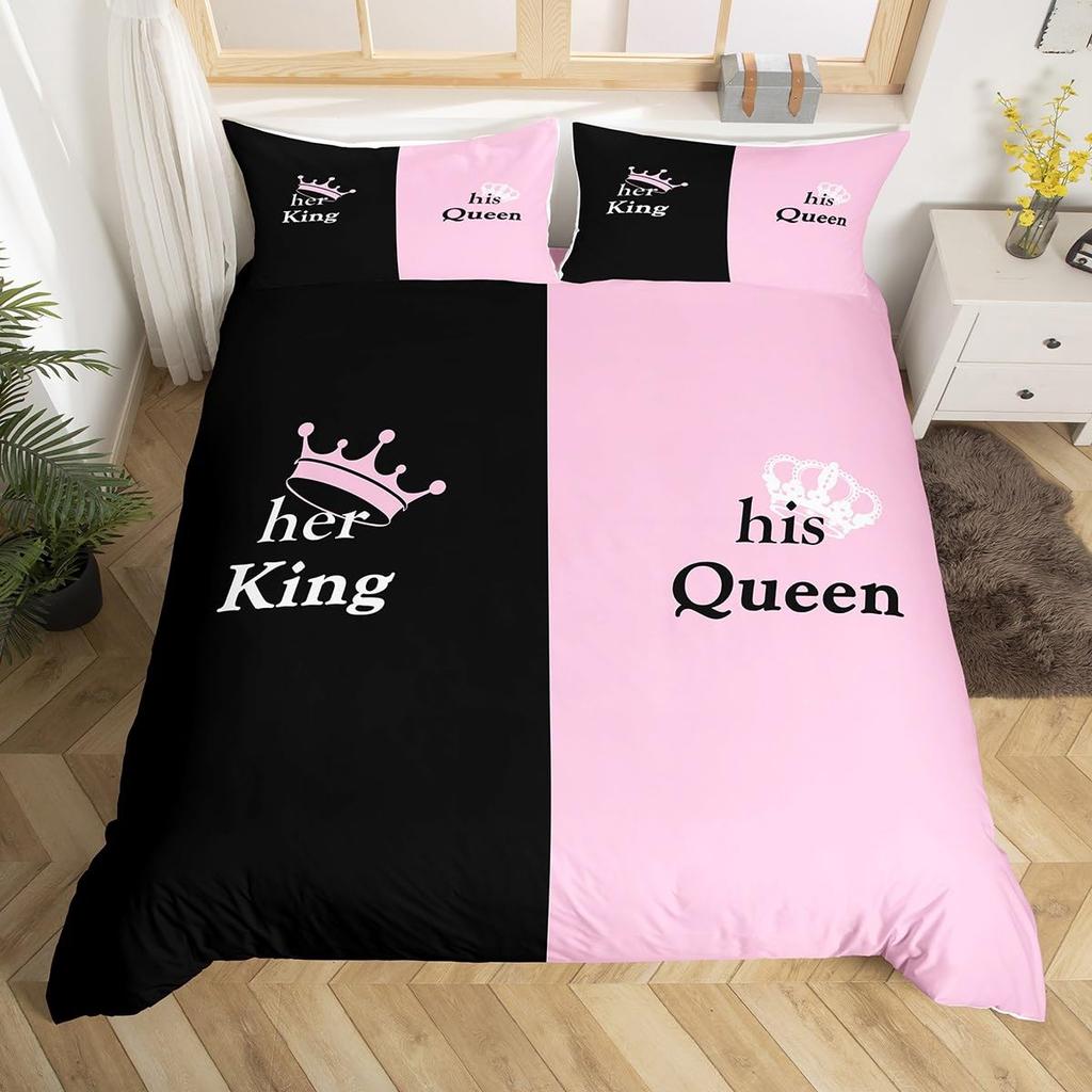 Crown Queen and King Duvet Cover Pink Black Bedding Set Crown His and Hers Comforter Cover Romantic Valentine's Day Quilt Cover