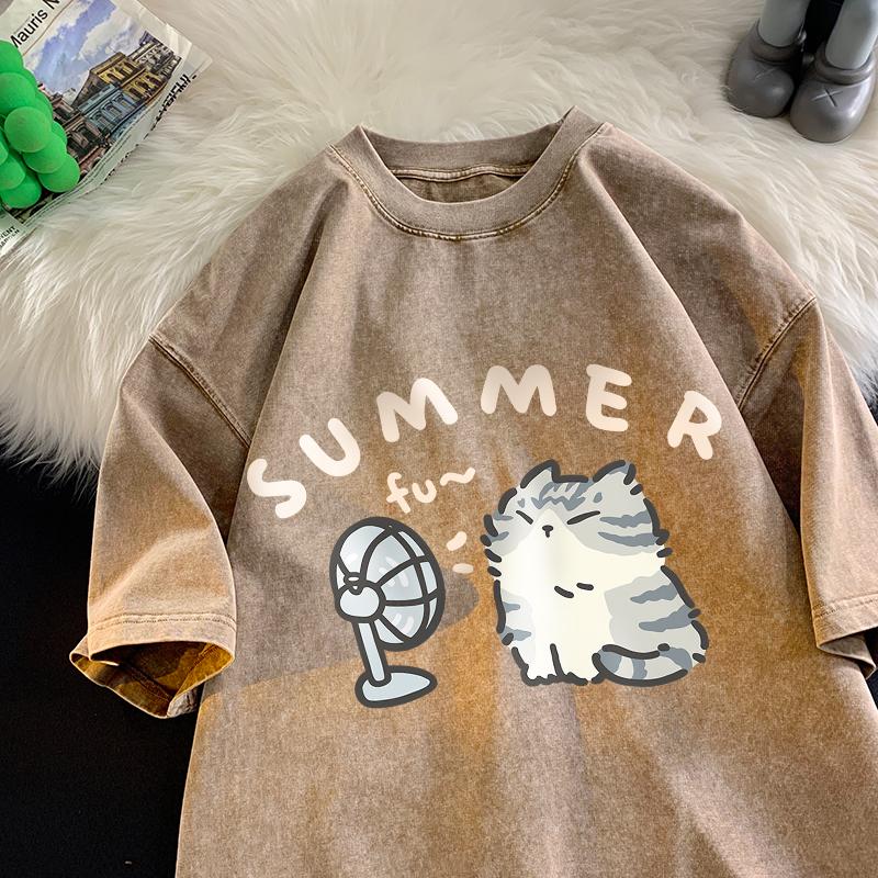 American Street Creative Blow Fan Cat Pure Cotton T-shirt Men Women Summer Relaxed Short Sleeve Couple Vintage Water Washing Top