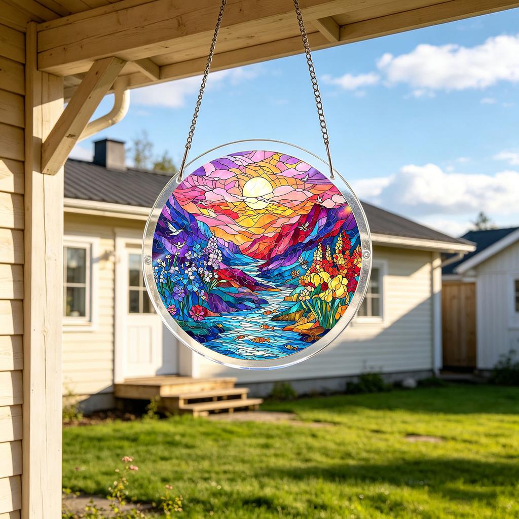 1cm Acrylic Puzzle Suncatcher Hanging Decoration Round Shape Landscape Design with Interlocking Pieces for Window Display and Room Ornament