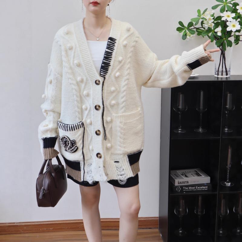 Medium and Long Ripped Design Knitted Cardigan Autumn and Winter New Loose Lazy Wind Sweater Jacket Women