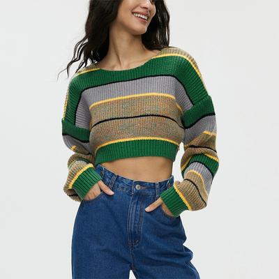 Maglione da donna a righe color block casual top maglione corto in maglia ampia