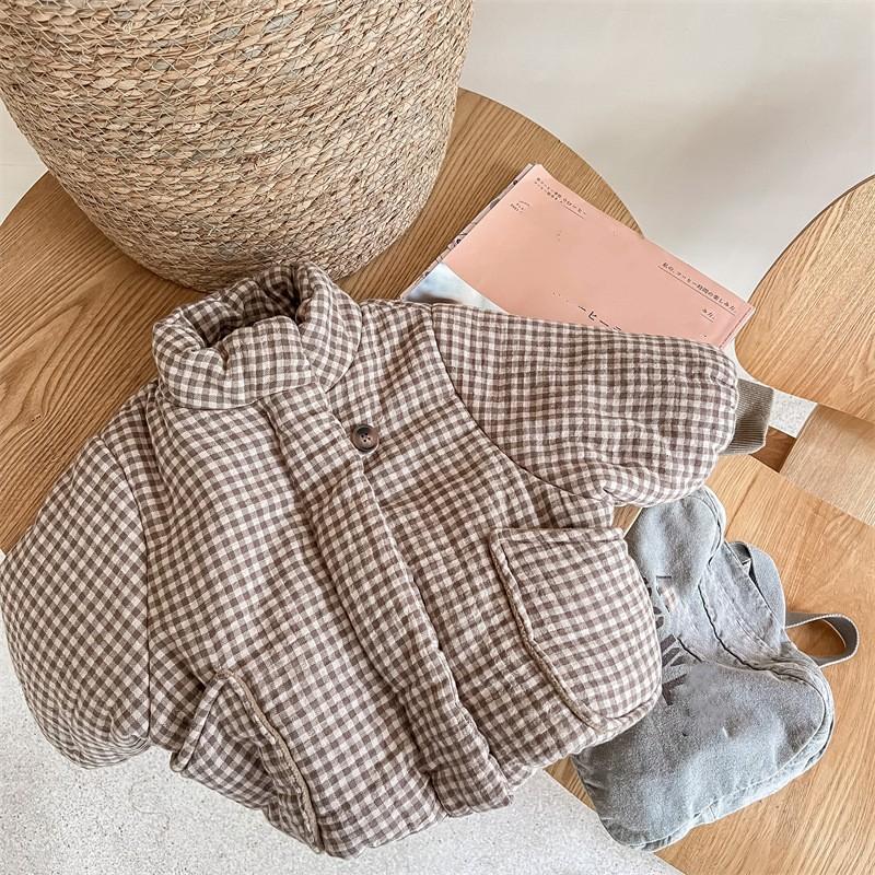 Girls Winter Thickened Cotton Coat Long Sleeve Round Neck Plaid Top