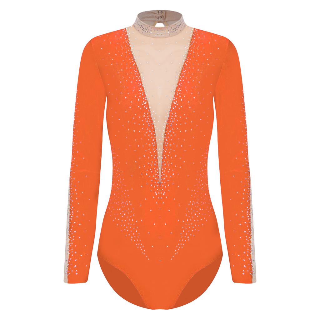 Dame Gymnastikk Ytelsesdrakt Glitrende Rhinestones Gjennomsiktig Mesh Lange Ermer Kunstløp Bodysuit