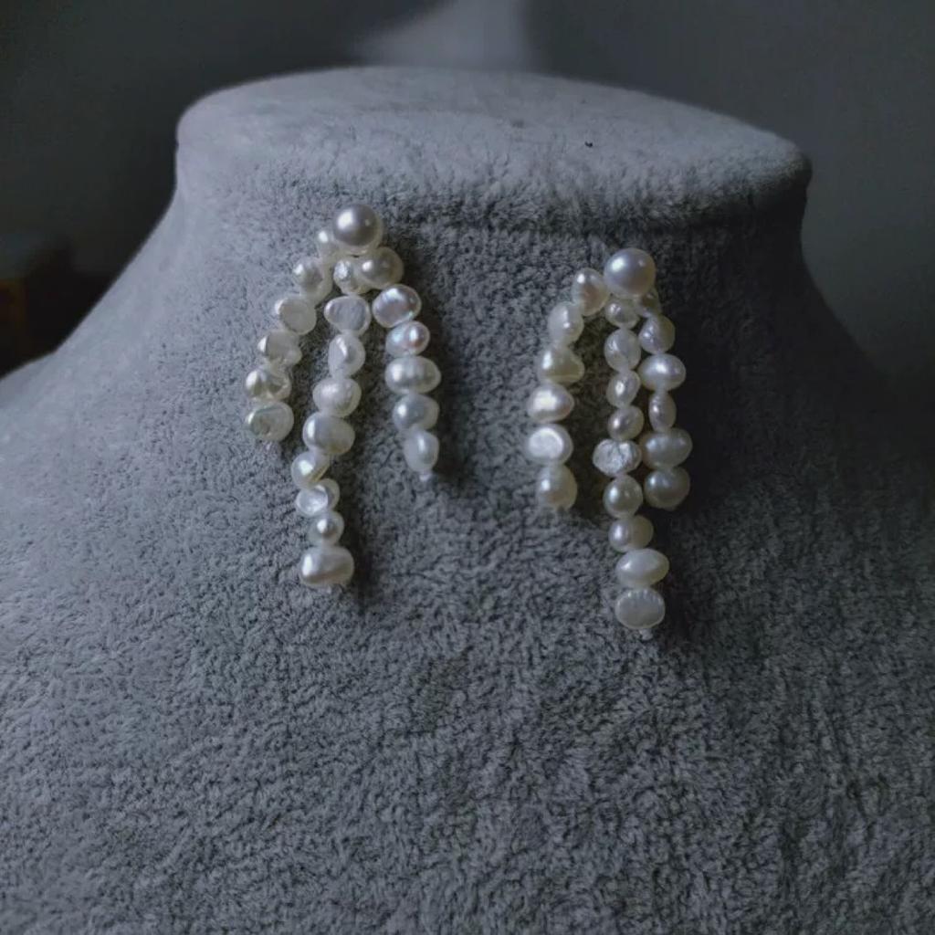 Exquisite design non-fading baroque pearls bright broken silver long fringed thin earrings studs 925 silver