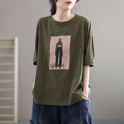 Women Cotton Loose T Shirt Women Fashion Retro Cartoon Print T-shirt Oversized Pullover Casual Short Sleeves TShirts Summer 2024