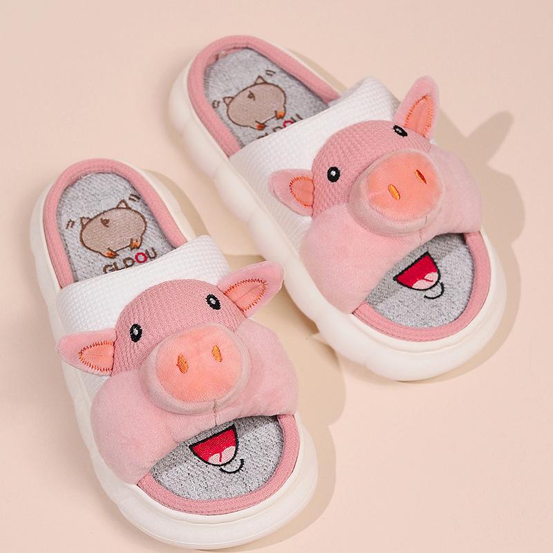 Pig cute linen slippers women's four seasons home indoor comfortable thick bottom spring and autumn cotton and linen sandals summer