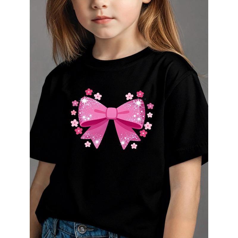 

European sizes Girls Summer Crew Neck Short Sleeve T-Shirt | Pink Embroidered Bowknot Print, Fashionable Comfortable Loose Fit, 164cm чорний