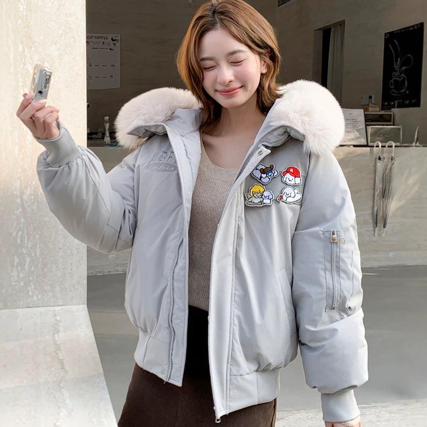 Winter cartoon patch cotton clothes women's hooded big fur collar short thin warm jacket