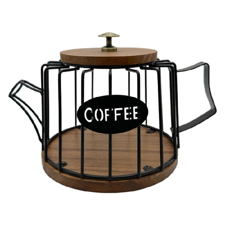 

Multi Functional Iron Coffee Pod Organizer Wooden Base And Lid Wire Cup Container For Kitchen Countertop Display чорний
