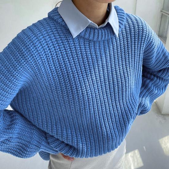 Women Pullover Sweater Round Neck Long Sleeve Elastic Fabric Knitting Tops Solid Color Loose Fit Sweater Tops