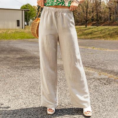 Ladies Spring and Summer New Casual Women's Pockets Wide-legged Cotton Linen Loose Trousers
