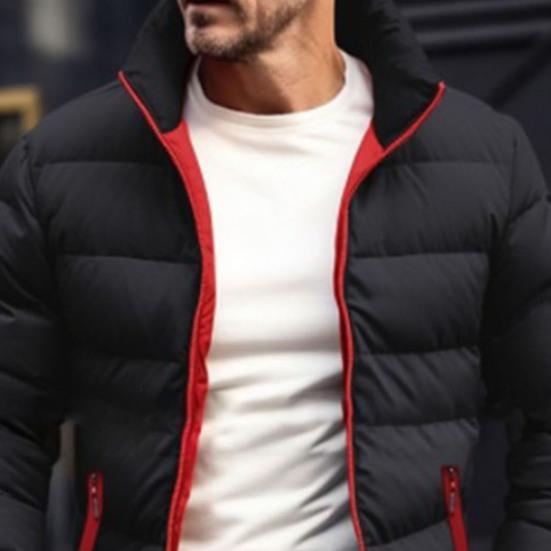 Men Down Coat Stand Collar Long Sleeve Full Zipper Closure Solid Color Jacket Coat with Side Zipper Pockets Outdoor Leisure Quilted Outwear