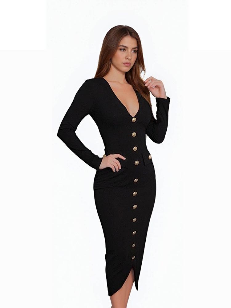 

Women s V-neck Long Sleeve Gold Button Bodycon Bandage Dress Small чёрный